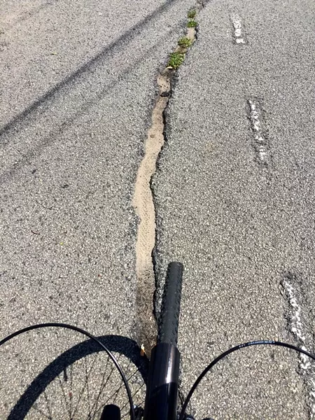 Danger in the bike lane: If your bike’s front wheel becomes stuck in this massive crack in the Lincoln Street bike lane, you’re going to have a bad time.