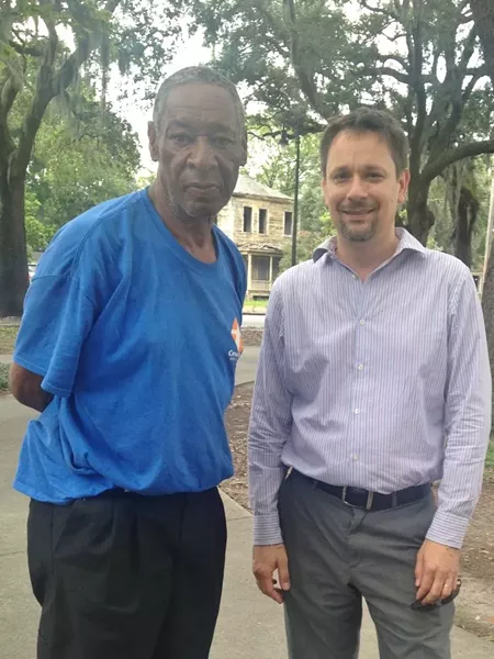 Howard “Sidewalk” Carlton (l.) discusses the future of Wells Park (aka “38th Street Park”) with SDRA executive director Kevin Klinkenberg.