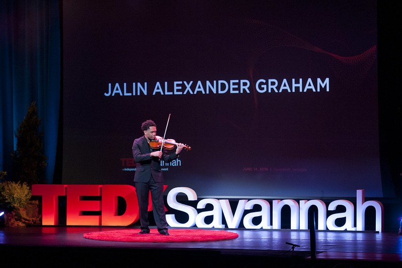 ABOVE: Jalin Alexander Graham performs the violin at TEDxSavannah 2019.  BELOW: Gullah Geechee Master Storyteller, Patt Gunn gives a Ted Talk in 2019.