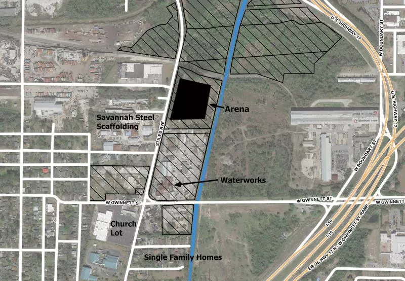 Context map of arena site showing city owned-property in black hatching. Illustration by the author with Bing basemap