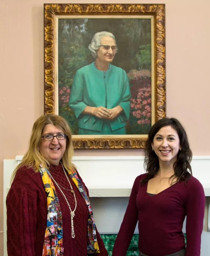 Women’s History Committee of Savannah founders Joanne Morton (left) and Grace McWilliams pay homage to the late, great librarian Ola Wyeth. - JON WAITS/@JWAITSPHOTO