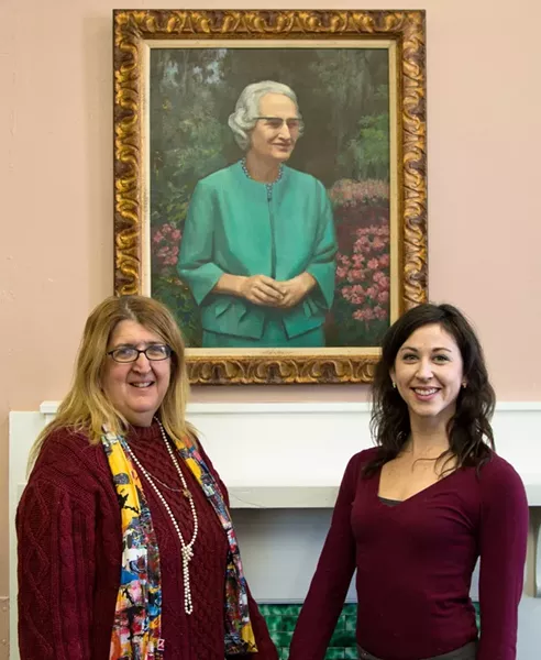 Women’s History Committee of Savannah founders Joanne Morton (left) and Grace McWilliams pay homage to the late, great librarian Ola Wyeth. - JON WAITS/@JWAITSPHOTO