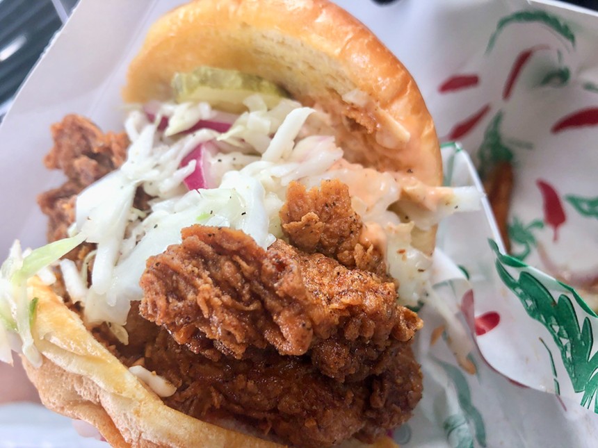 Red Claws' Nashville hot chicken sandwich: It's a bit hard to handle, we but promise you'll figure it out. - LAUREN DREWES DANIELS