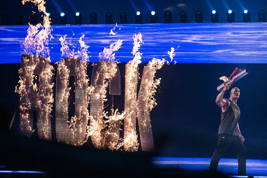 Dwayne "The Rock" Johnson lit up his name with a flamethrower during his surprise entrance at Wrestlemania 32 at AT&T Stadium in 2016. - MIKE BROOKS