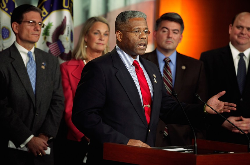 In 2011, Rep. Allen West speaks on the - payroll tax vote with fellow House - Republican freshmen. - CHIP SOMODEVILLA/GETTY IMAGES