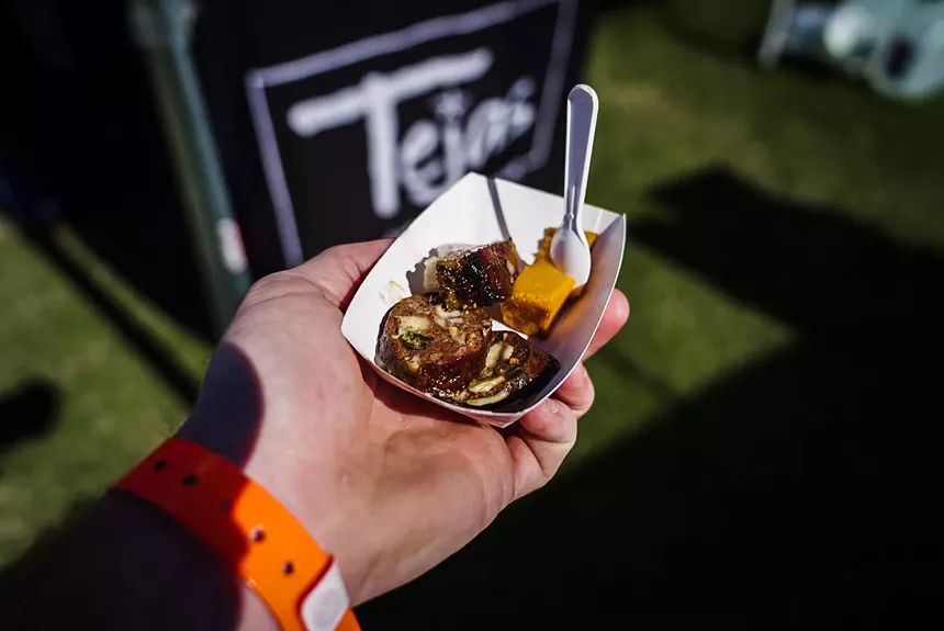 Chili relleno sausage with carrot soufflé from Tejas Chocolate & Barbecue. - SEAN WELCH