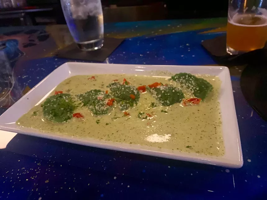 This photo really doesn't do this plate justice. The pillowy agnolotti was great. That pesto cream sauce is amazing and needs to come with a straw so you can slurp it all up. - LAUREN DREWES DANIELS