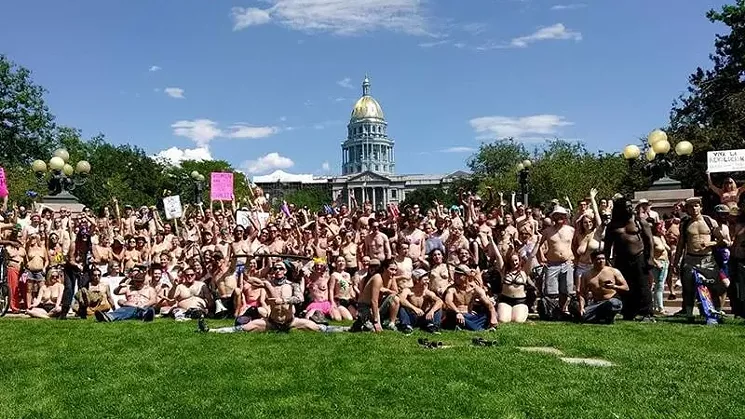 A group photo outside the State Capitol on a previous Denver GoTopless Day. - COURTESY OF DENVER GOTOPLESS DAY