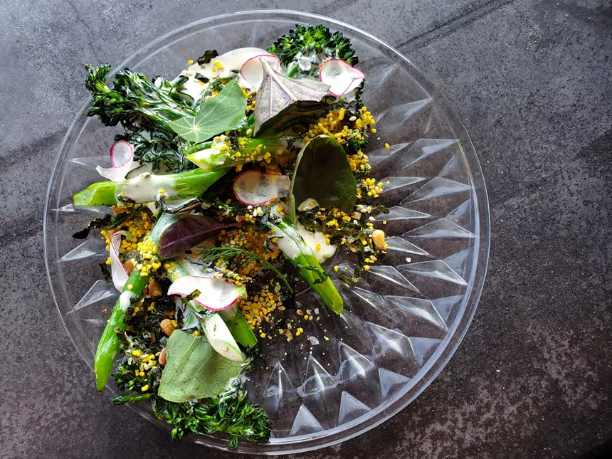 Charred broccolini with bagna cauda and pine nut furikake was one of Parti's pop-up dishes. - MOLLY MARTIN