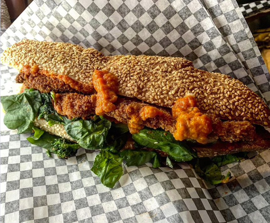 The “Aunt Suzy,” with chicken cutlets, vodka sauce, mozzarella, parmesan, broccoli rabe and basil. - LITTLE ARTHUR'S HOAGIES