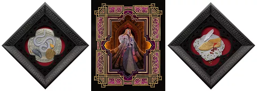 Nicole Grosjean, "Grimm Still Life: Cinderella," cut paper, silk, 24k gold leaf, watercolor and gouache and “Thousandfurs,"cut paper, 24k gold and 13k white gold leaf, watercolor, gouache and led lights. - NICOLE GROSJEAN