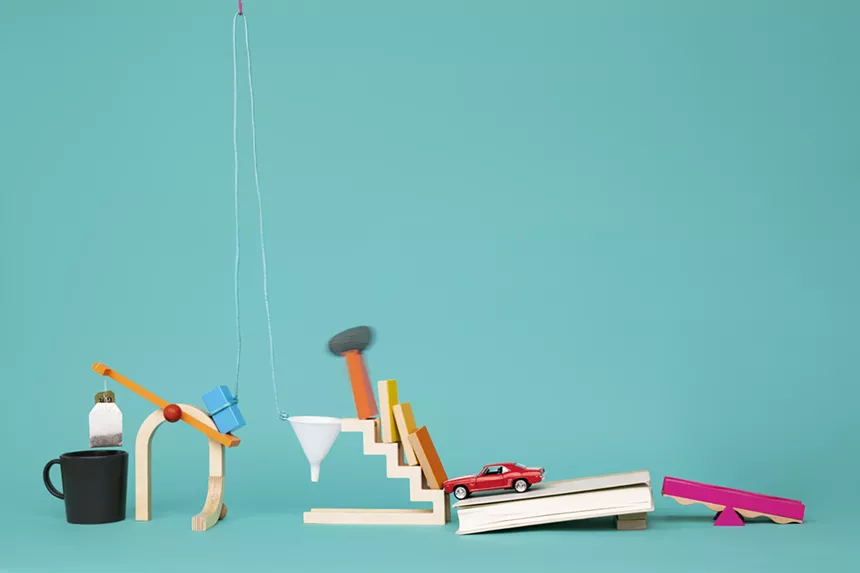 The toy sets include 22 pieces that can be constructed with household items to create chain reactions. - COURTESY OF MOMENTIX MOTIONKITS