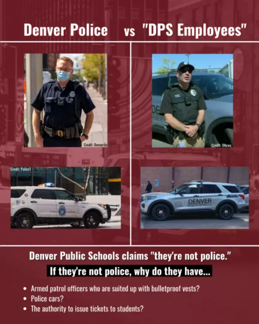 A Padres & Jóvenes Unidos graphic that attempts to show the similarities between Denver Police school resource officers and Denver Public Schools safety patrol officers. - PADRES & JÓVENES UNIDOS
