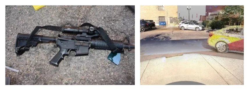 Decision-letter captions for two images, from left: "Troyke's rifle seized from where Hurley fell;" "Digital scan of the view from where Brownlow fired on the day of the shooting." - FIRST JUDICIAL DISTRICT DA'S OFFICE