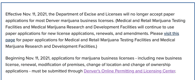 An announcement on the Denver Excise and Licenses website on the morning of November 11th. - DENVER EXCISE AND LICENSES WEBSITE SCREENSHOT