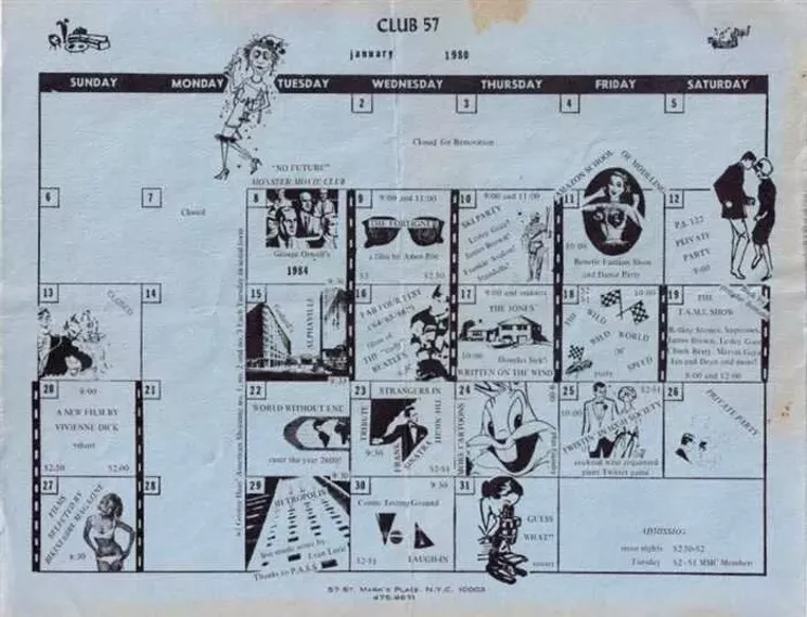 Club #57, events calendar for January 1980, #57 St Marks Place (blue paper stock). - Courtesy of Andrew Craven Collection