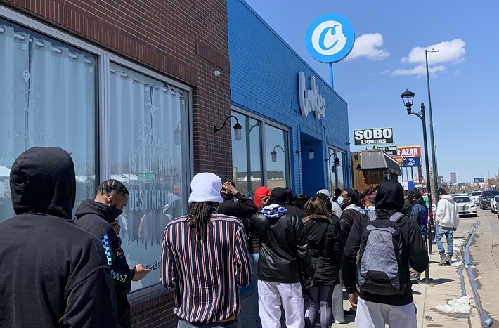 Customers wait in line on April 20 at Cookies dispensary on South Broadway. - THOMAS MITCHELL