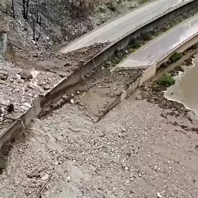 A screen capture from Colorado Department of Transportation drone footage of mudslide damage in Glenwood Canyon.