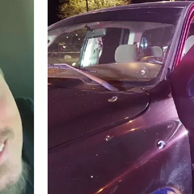 A portrait of the late John Pacheaco Jr. and a photo of the truck in which he was shot on Halloween 2020.