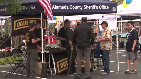 A screenshot from a news report that aired on CBS SF Bay Area showed an Oath Keepers Booth at an Urban Shield event. - COURTESY OF CBS SF BAY AREA