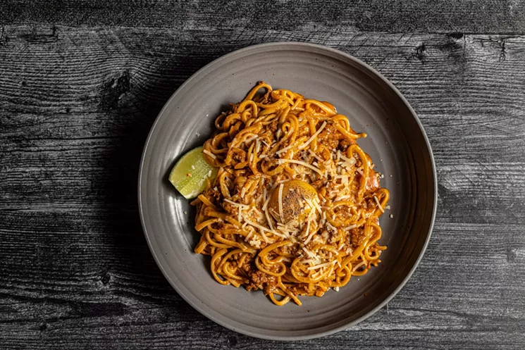 You'll find this decadent chorizo and egg carbonara on the HRW menu at Mastranto's. - PHOTO BY CHRISTA ELYCE STUDIOS