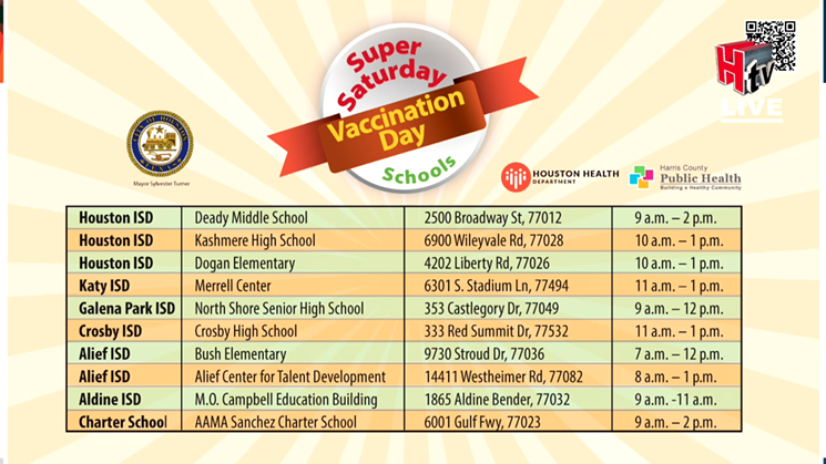 The following schools will host free, walk-up vaccinations for those 12-years-old and up this Saturday, August 7. - SCREENSHOT