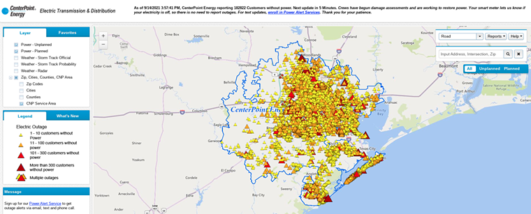 CenterPoint's outage map showed the utility provider had made big strides in restoring power since Tuesday morning. - SCREENSHOT