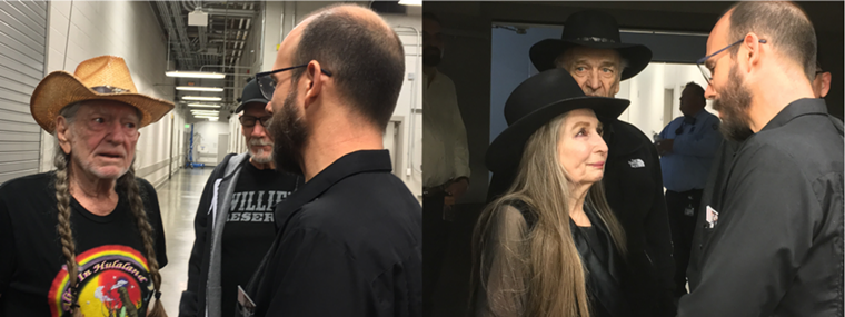 Author Chris Barton meets Willie and Bobbie Nelson (and various members of the Family group) backstage at the Smart Financial Center in 2019. - PHOTOS BY JENNIFER ZIEGLER