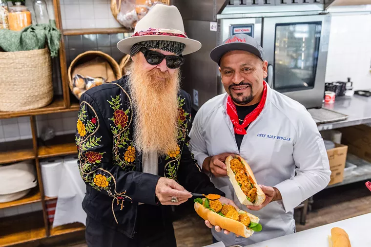 Billy F Gibbons and Alex Padilla show off the new po'boy. - PHOTO BY BECCA WRIGHT