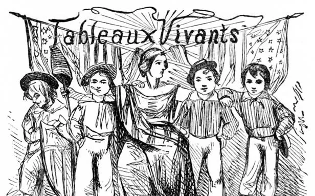 Tableaux vivants, or “living pictures,” were popular parlor amusements in 19th-century America. Participants would stage dramatic scenes from history, literature or paintings.