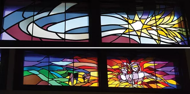 These contemporary clerestory windows in the Third Presbyterian Church sanctuary at 1030 N. Seventh St. are two of the six pairs of windows in all designed to represent the Creation story as told in the Bible book of Genesis. They were commissioned by the - PHOTO BY DIANNE CROWN