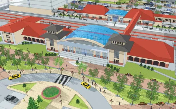 A conceptual drawing of the proposed transit-oriented development. The rail terminal facing 11th Street, foreground, could be connected with a walkway over the 10th Street tracks to a bus terminal, at top of picture. - ILLUSTRATIONS COURTESY SPRINGFIELD-SANGAMON COUNTY REGIONAL PLANNING COMMISSION