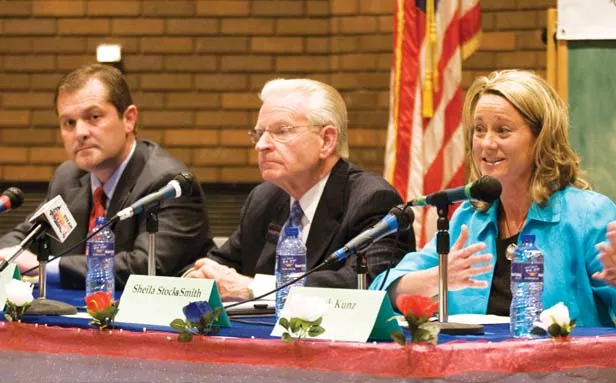 Mayor candidates (left to right) Mike Coffey, Mike Houston and Sheila Stocks-Smith. - PHOTO BY PATRICK YEAGLE
