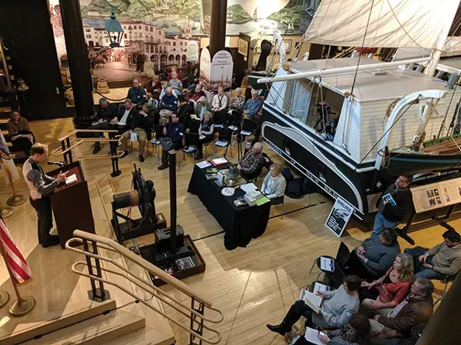The Moby-Dick Marathon begins in the Whaling Museum’s Bourne Building next to Lagoda, a half-scale model of a 19thC whaleship. - PHOTO COURTESY NEW BEDFORD WHALING MUSEUM