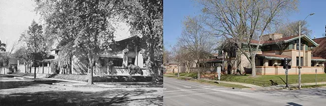 The Dana Thomas House at Fourth and Lawrence as it looked in 1911 (left) and today. - COLOR PHOTO BY DOUG CARR