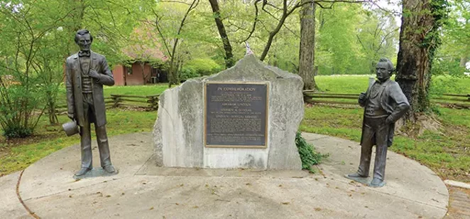 Abraham Lincoln and Stephen Douglas held the third of their seven debates during the 1858 campaign for U.S. Senate in Jonesboro. Statues of the men and a split rail fence mark the spot. - PHOTOS BY BRENT BOHLEN
