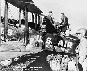 Lindbergh in the biplane he piloted along Contract Air Mail Route #2 between Chicago and St. Louis in 1926-1927.
