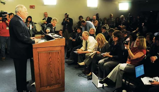 Statehouse reporters are joined by visiting news media from across the state in the state Capitol’s Blue Room as Gov. Pat Quinn, just sworn in after Rod Blagojevich’s impeachment, holds a news conference in January 2009. - PHOTO COURTESY THE GOVERNOR'S OFFICE.