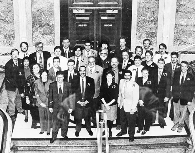 The Statehouse press corps in 2000 included 5) Bernie Schoenburg, State Journal-Register, 7) Doug Finke, Copley Illinois Newspapers, 13) John O’Connor, Associated Press, 15) Peggy Boyer Long, Illinois Issues, 18) Ray Long, Chicago Tribune and 22) B - PHOTO COURTESY STATE HOUSE PRESS ROOM