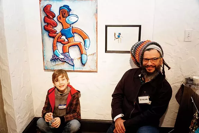 Young artist Sawyer Lobmaster and Pharmacy member artist Jeff Williams with their renditions of “Minecraft Husk.” - PHOTO BY LEE MILNER