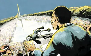Illustration of John Lewis speaking at the 1963 March on Washington from MARCH. - ALL ILLUSTRATIONS ARE BY NATE POWELL