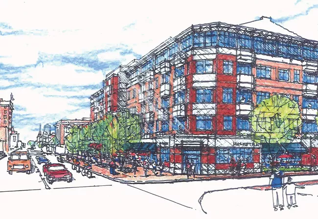 The proposed development at right, looking east on Capitol Avenue from Fourth Street. The YWCA is not pictured. - COURTESY FLAHERTY & COLLINS PROPERTIES