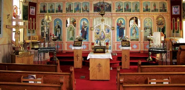 The iconostasis (icon stand) at Holy Dormition Church in Benld, 60 miles south of Springfield. The iconostasis separates the altar from the nave in most Orthodox churches. - PHOTOS BY WILLIAM FURRY