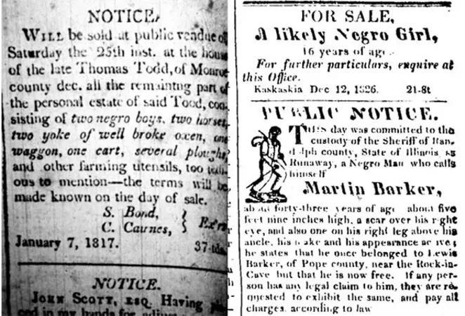 A notice in the Jan. 22, 1817, Western Intelligencer of Kaskaskia. Right, A notice in the Dec. 12, 1826, The Illinois Reporter. - COURTESY THE ABRAHAM LINCOLN PRESIDENTIAL LIBRARY AND MUSEUM
