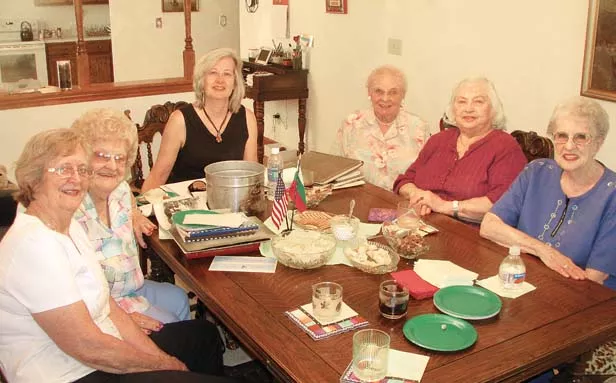 Lithuanian-American Club members (clockwise from top) Sandy Baksys, Ann (Pavemetski) Traeger, Irene (Pietrzak) Blazis, Fritzi (Stankanvich) Cartwright, Louise Sitki and Helen Rackauskas meet at the latter's home to reminisce about St. Vincent de Paul pari - PHOTO BY WILLIAM FURRY