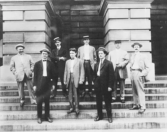 The 1907 Statehouse press corps represented numerous Chicago newspapers, with the exception of Leigh Call, fourth from right, who reported for the Associated Press and Springfield’s Illinois State Journal. Second from right is Charles N. Wheeler of - PHOTO COURTESY STATE HOUSE PRESS ROOM