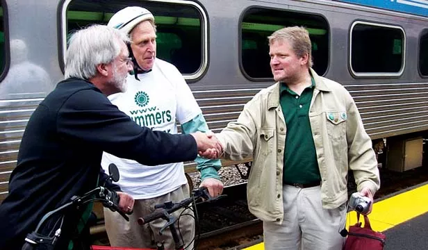 Whitney and Green treasurer candidate Scott Summers meet supporters on Whitney’s Sustainable Transportation Tour in late May.