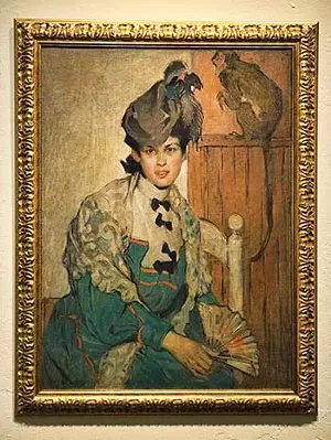 “Woman with a Monkey” was featured in the April 1909 issue of Harper’s Weekly. This painting, possibly a self-portrait of Mars, now hangs at the Springfield Art Association.