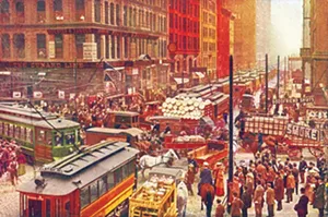 Dearborn and Randolph, Chicago, May 25, 1909, from Souvenirs of Chicago, V.O. Hammon Co., 1915. History sleuths assert that the photographer asked traffic cops to knock off for five minutes, with the dramatic result you see here.
