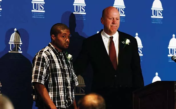 Jonathan Grayson (left) appears with John Hanlon (right) at the Illinois Innocence Project’s April 9 fundraising and awards banquet. Grayson was recently exonerated after spending 10 years in prison for a murder he didn’t commit. - PHOTO BY PATRICK YEAGLE